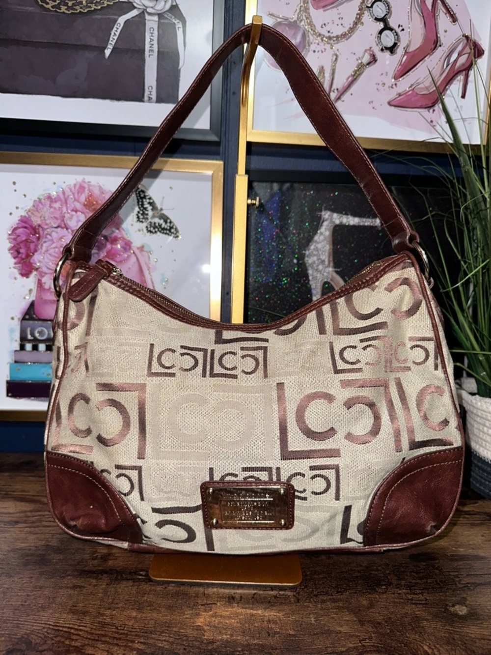Vintage Liz Claiborne Monogram Canvas Shoulder Bag Brown Leather Trim Y2K